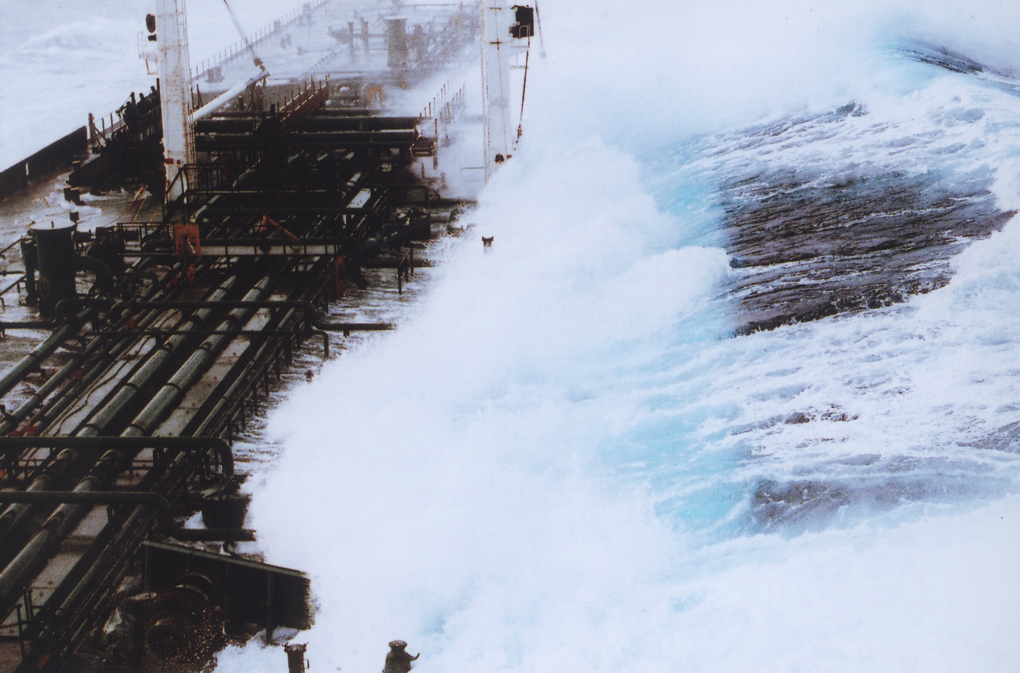 A rouge wave hitting a tanker headed from south Valdez, Alaska. Earth observations can provide important information about ocean conditions to vessel crews. Photo courtesy of NOAA and Captain Roger Wilson.